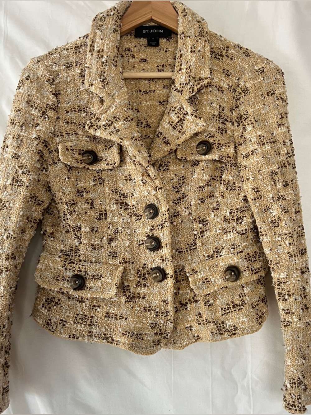 St John Knit Tweed Jacket Textured Blazer Beige Brown Metallic Thread Sz 6